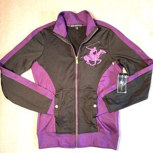 NEW Beverly Hills Polo Club Black Purple Zip Up Track Jacket Women's M Logo Y2K